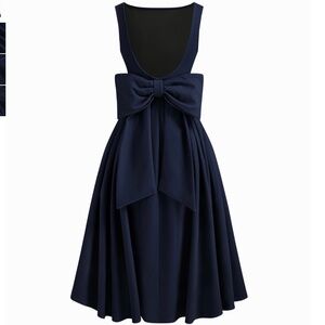 Cider Navy Blue Velvet Boat Neck Open Back Bowknot Dress